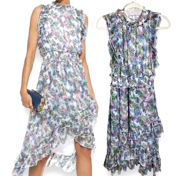 WALTER BAKER DRESS XS FLORAL TIERED RUFFLE HIGH LOW MIDI WHITE BLUE GREEN - Picture 1 of 14